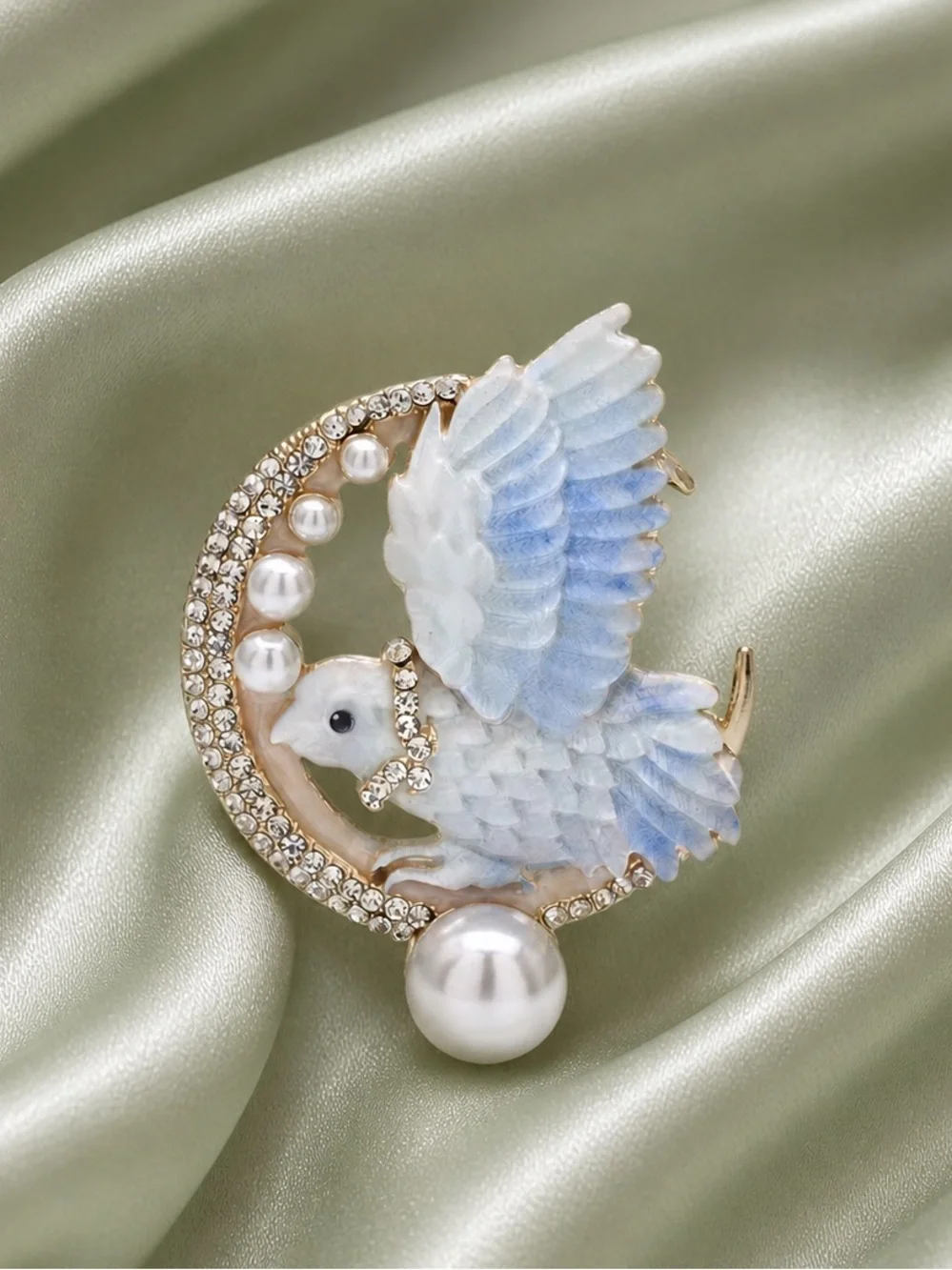 Celestial Classy White Bird Pearl Crystal Gold Brooch